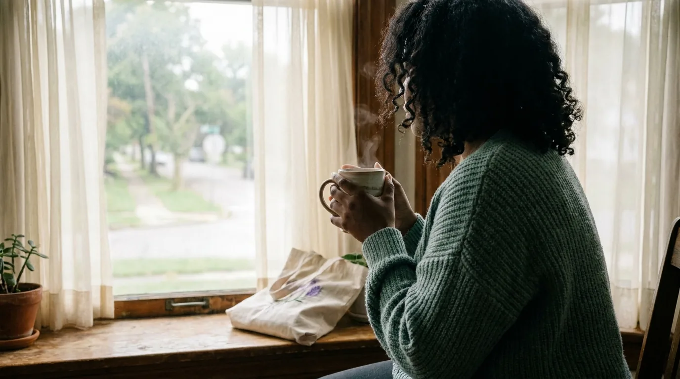 A woman sits by a sunlit window holding a warm mug, wrapped in a knitted sweater, looking out at the morning light