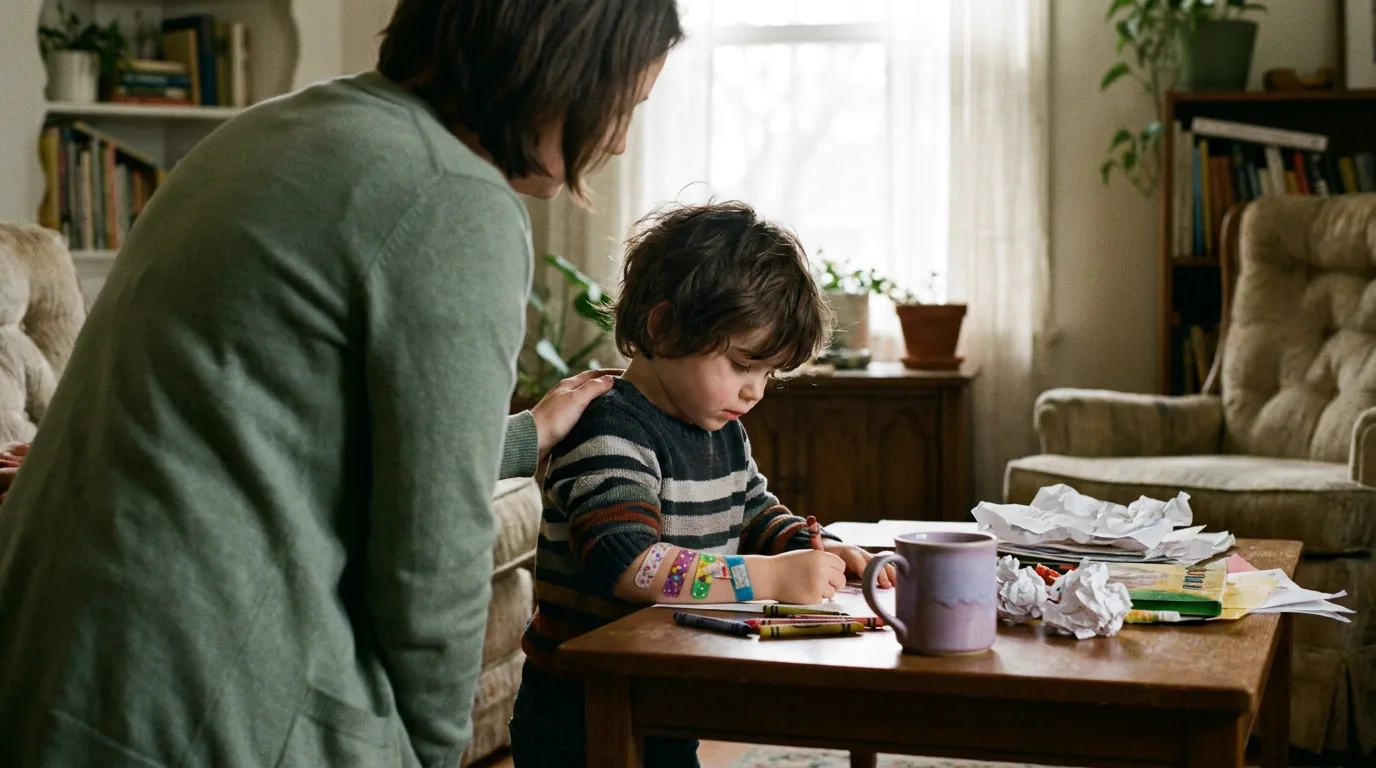 A young child at a low table using art and play in session, a counselor alongside