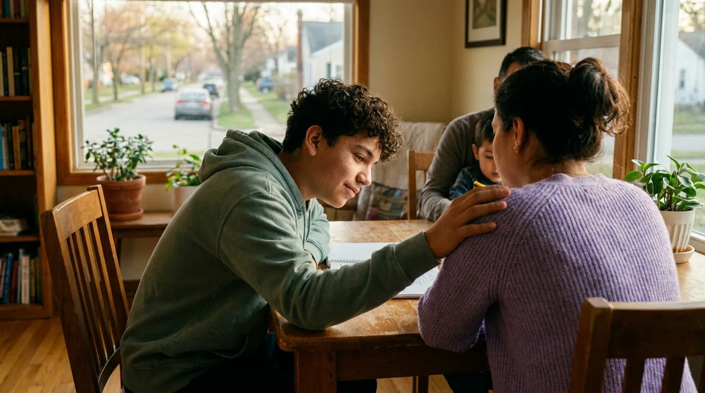 A teenager in a candid moment of being taken seriously — leaning in, genuinely heard