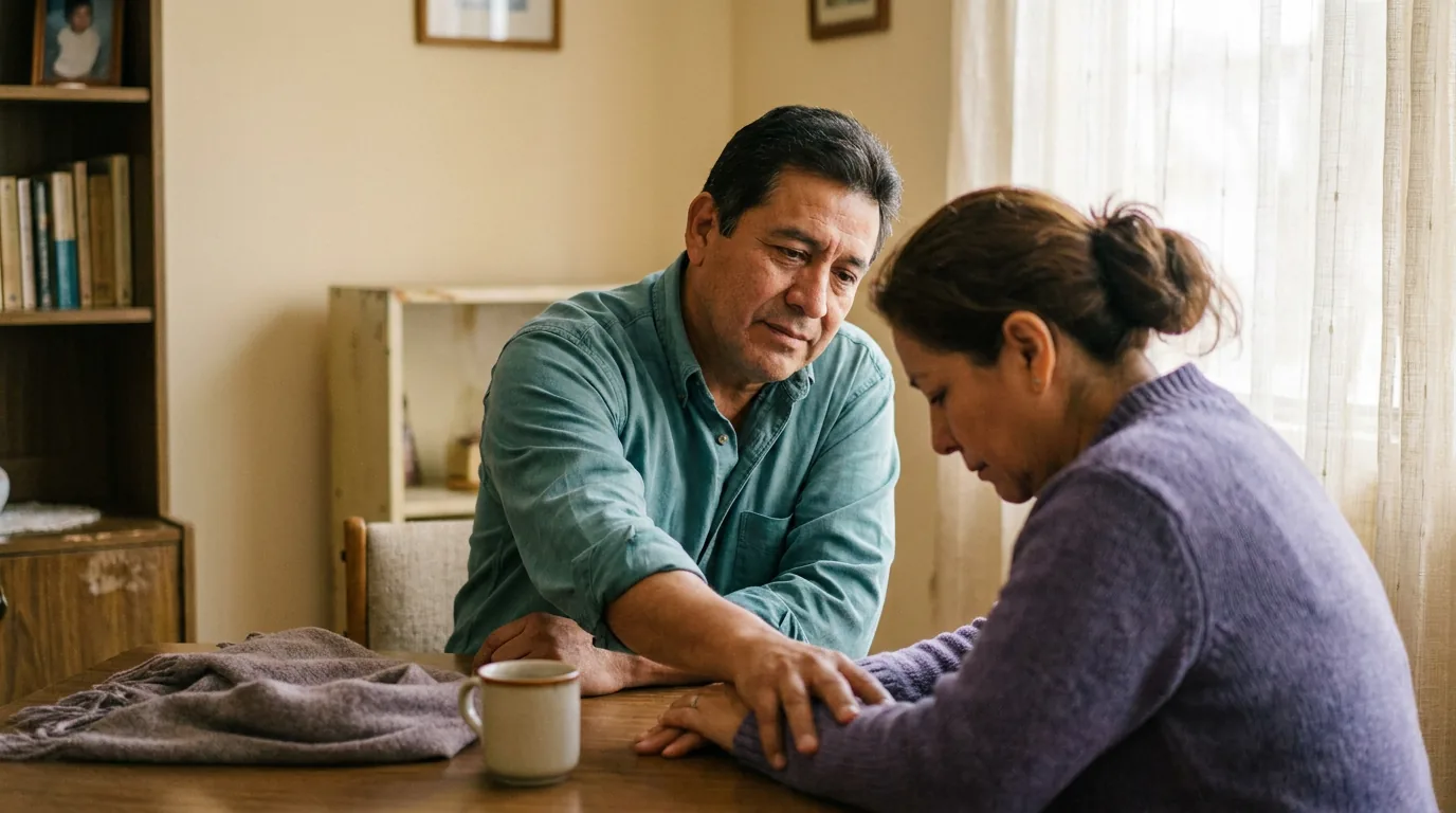 A couple reconnecting after a hard conversation — a hand reaching across, faces softened