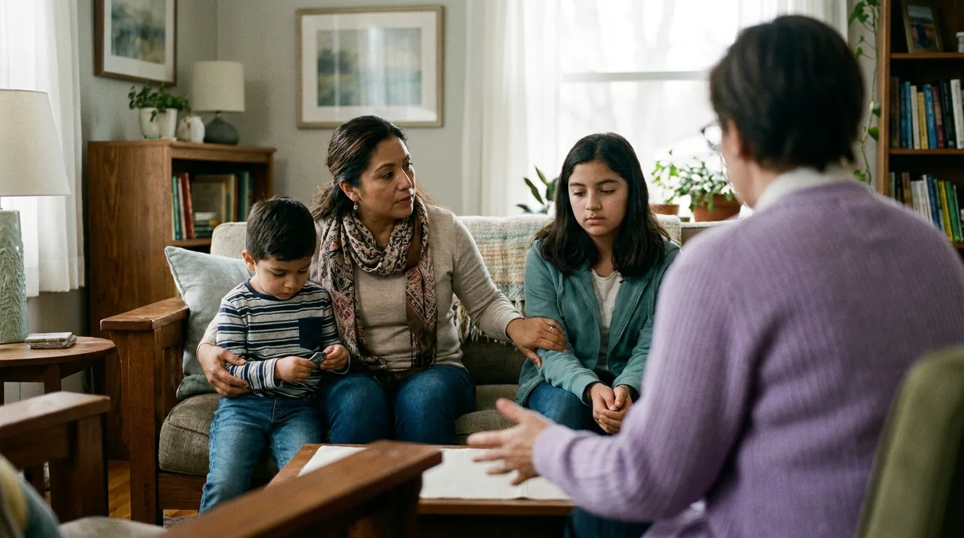 A parent and two children working through an honest conversation together in a warm, supported space