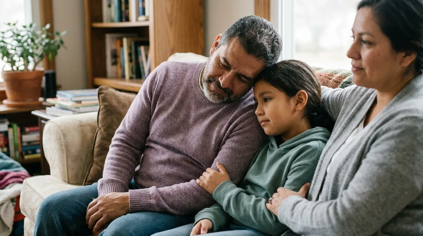 The same family in a lighter, connected moment — a parent and child leaning into each other