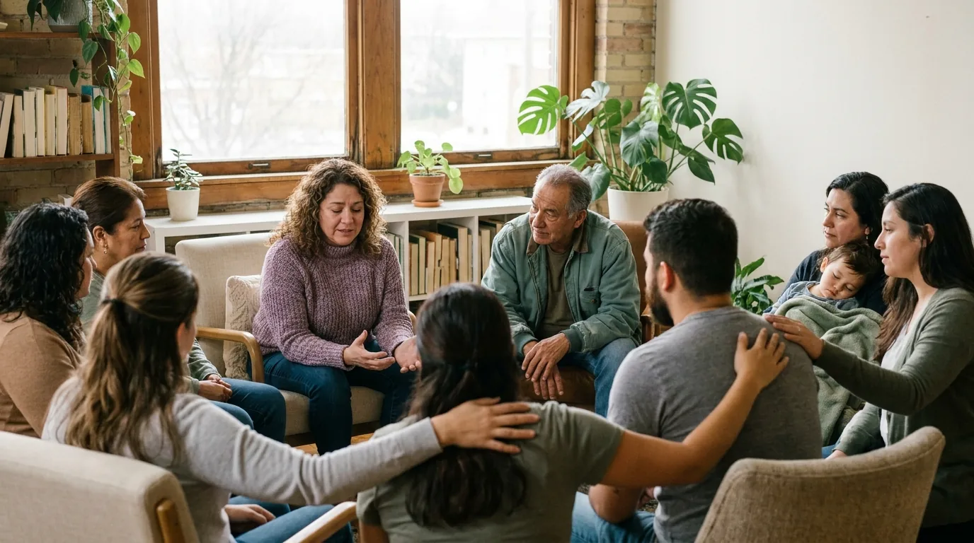 A therapy group mid-session, one member sharing while the room listens with warm attention