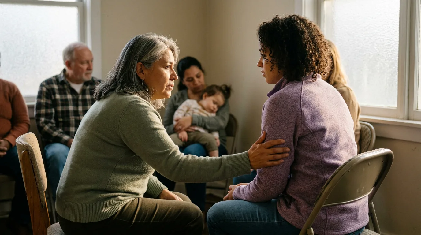 Two group members connecting in a quieter side moment — the peer support a group creates