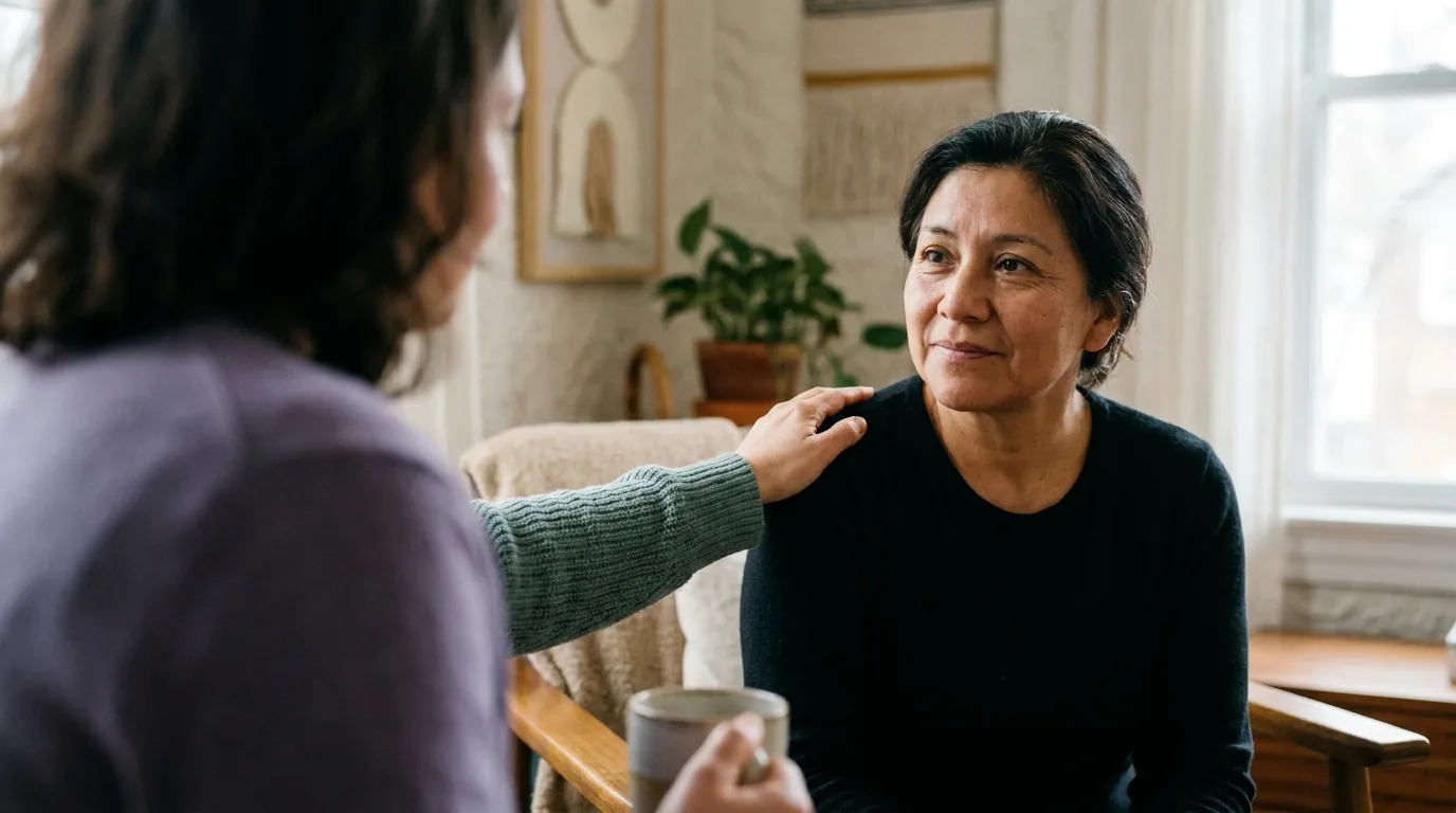 A person in session with their therapist, visibly easing as they finally put something difficult into words