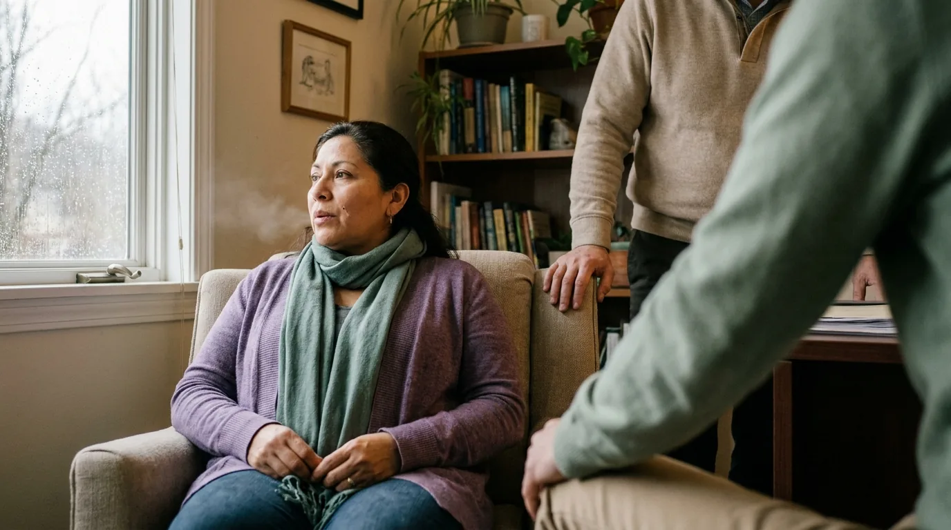 The same client in a calmer, steadier moment — sitting back with a small exhale as insight settles