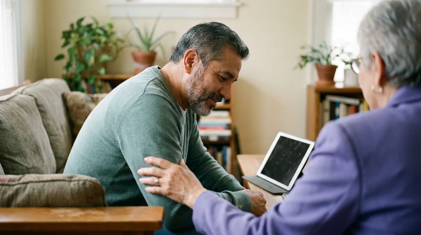 A person on their own couch at home in a warm online-therapy session, leaning in and nodding