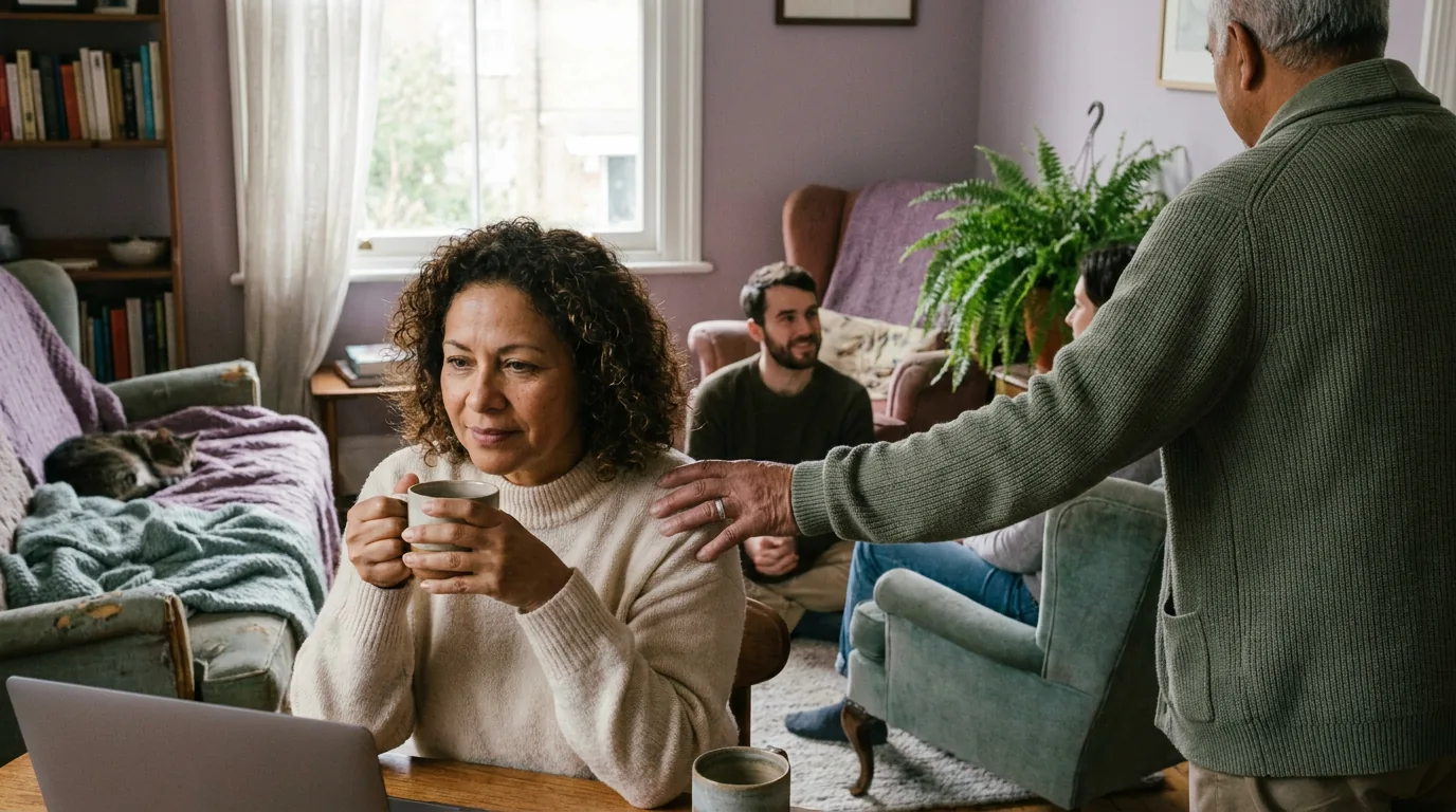 A cozy at-home setting — blanket, coffee, soft light — where teletherapy meets you where you are