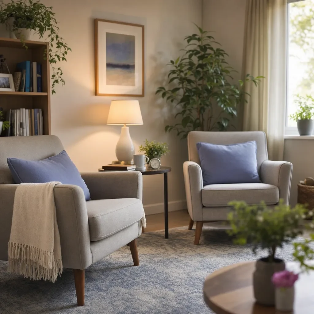 Two armchairs facing each other in a warm, sunlit consulting room at Quez Therapeutic Solutions