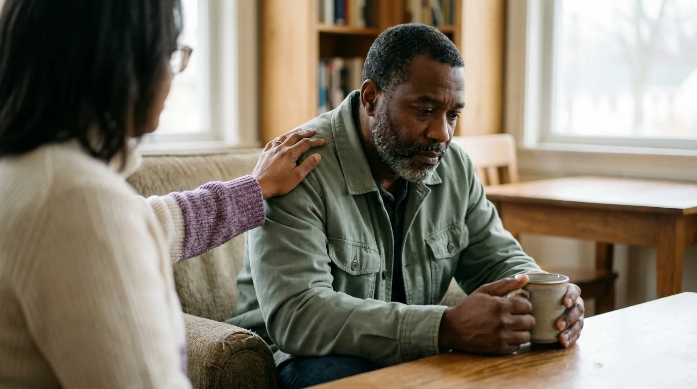 A person in early recovery being met with support — a steadying hand on the shoulder and a caring presence across the table, dignity and resolve.