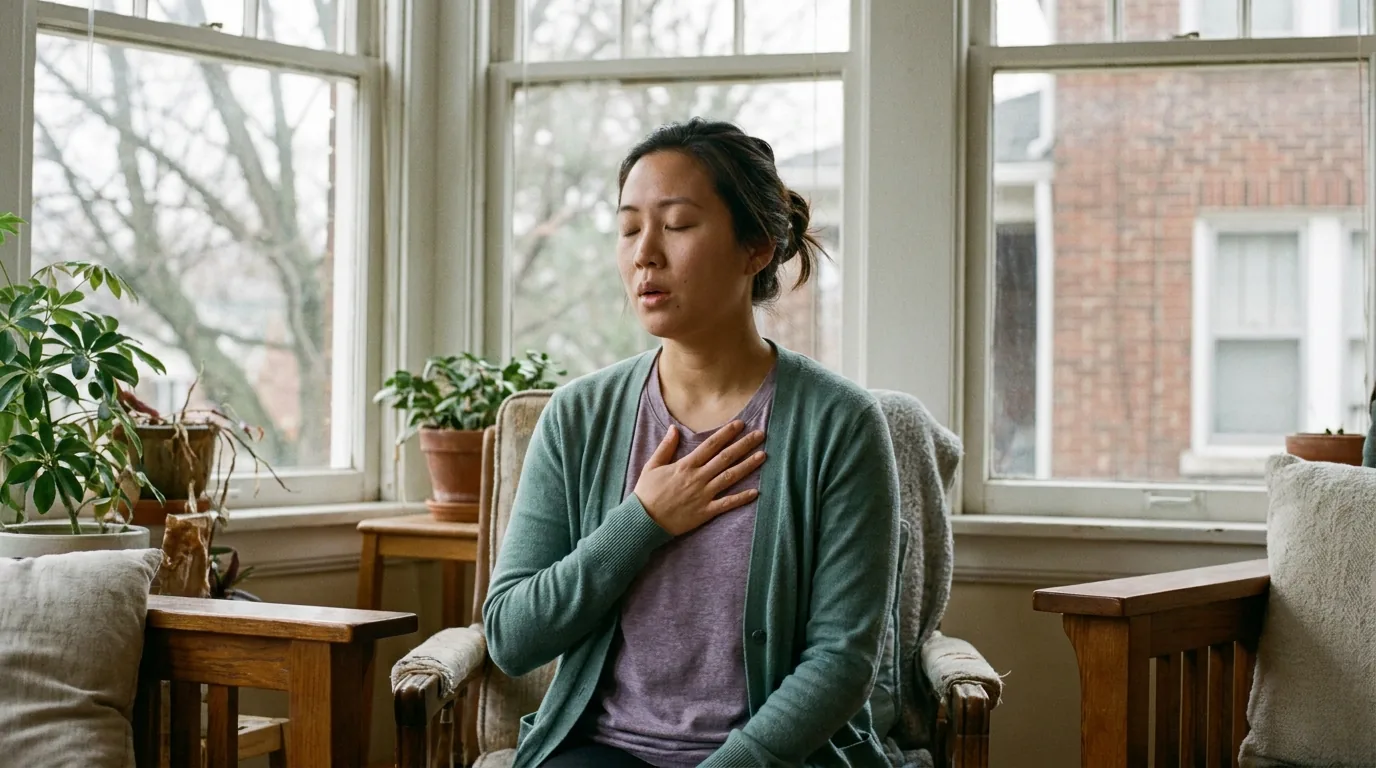 A woman with a hand resting over her chest, easing the physical grip of anxiety, a supportive hand on her shoulder.