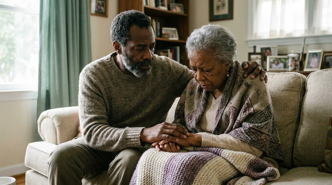 Two people holding each other in shared grief on a couch, a counselor present, sorrow met with tenderness.