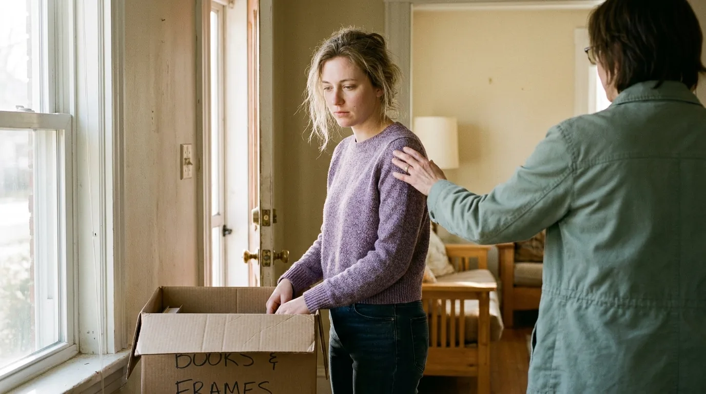 A person at the threshold of a move, packing boxes beside them, supported by a steady, encouraging presence.