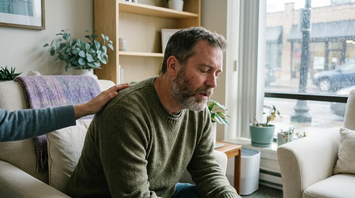 A depleted person finally getting a moment to breathe, shoulders easing, a supportive hand on the shoulder and warm tea nearby.