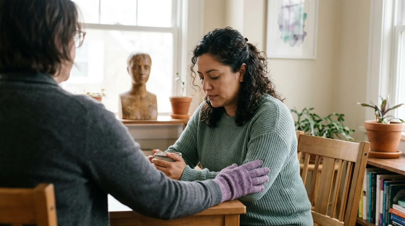 A person steadying at a table with a warm mug, gently met by a supportive hand — the felt sense of safety returning after trauma.