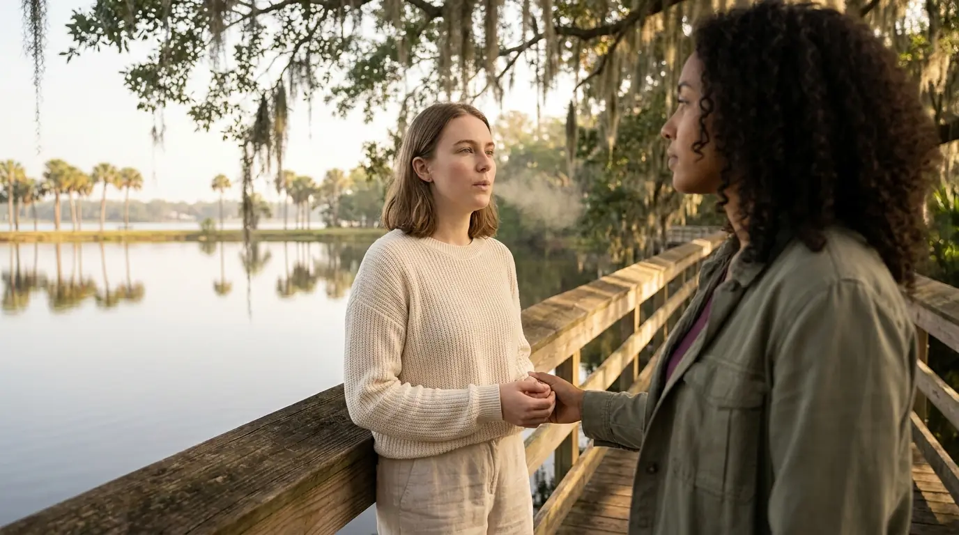 A young woman on a lakeside boardwalk under live oaks draped in Spanish moss in Orlando, exhaling slowly while a friend holds her hands, palms and still water behind them in soft morning light.