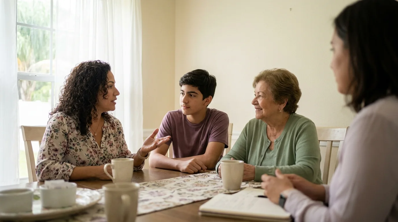 A mother gestures as she speaks at a bright dining table in an Orlando home, her teenage son and smiling grandmother beside her, while a bilingual therapist with an open notebook listens out of focus at the right.