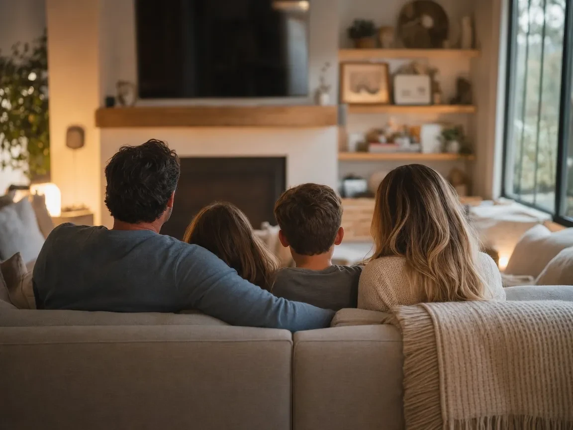 A family of four sits close together on a couch in a warmly lit living room, seen from behind
