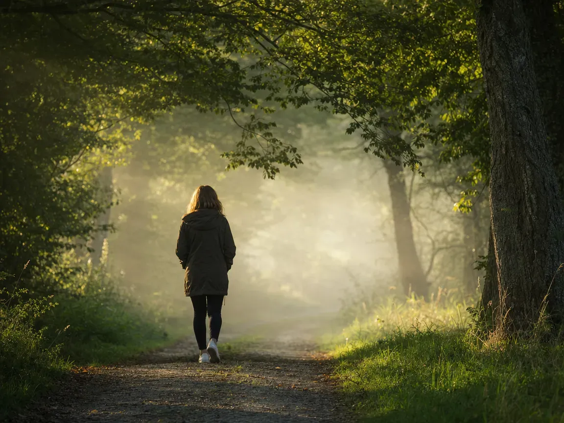 A person walking a quiet path through soft morning mist, making their way forward