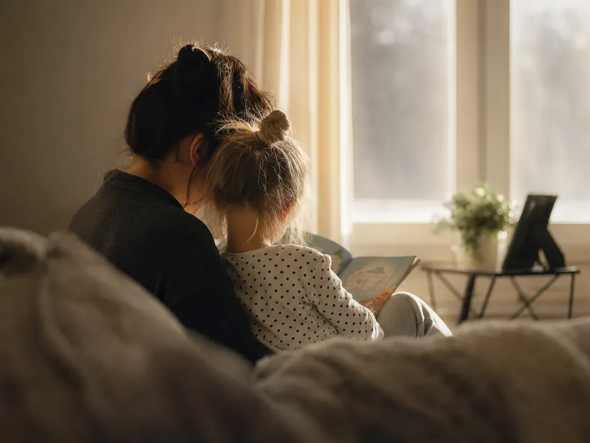 An adult and a child read a picture book together on a couch in soft daylight